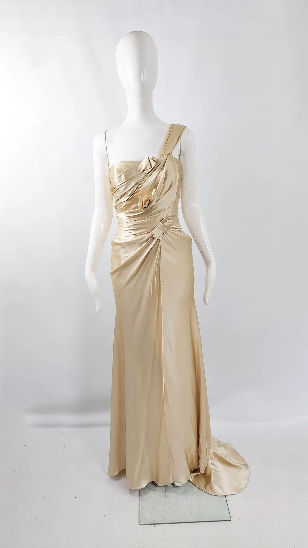 David Fielden Vintage Pure Silk Satin Gold Wedding Evening Dress