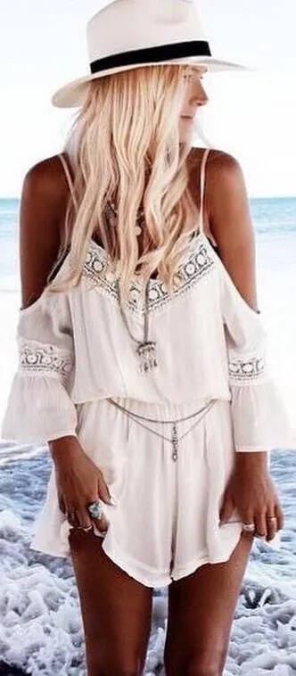 Dew Shoulder V Neck Chiffon Lace Long Sleeve Romper