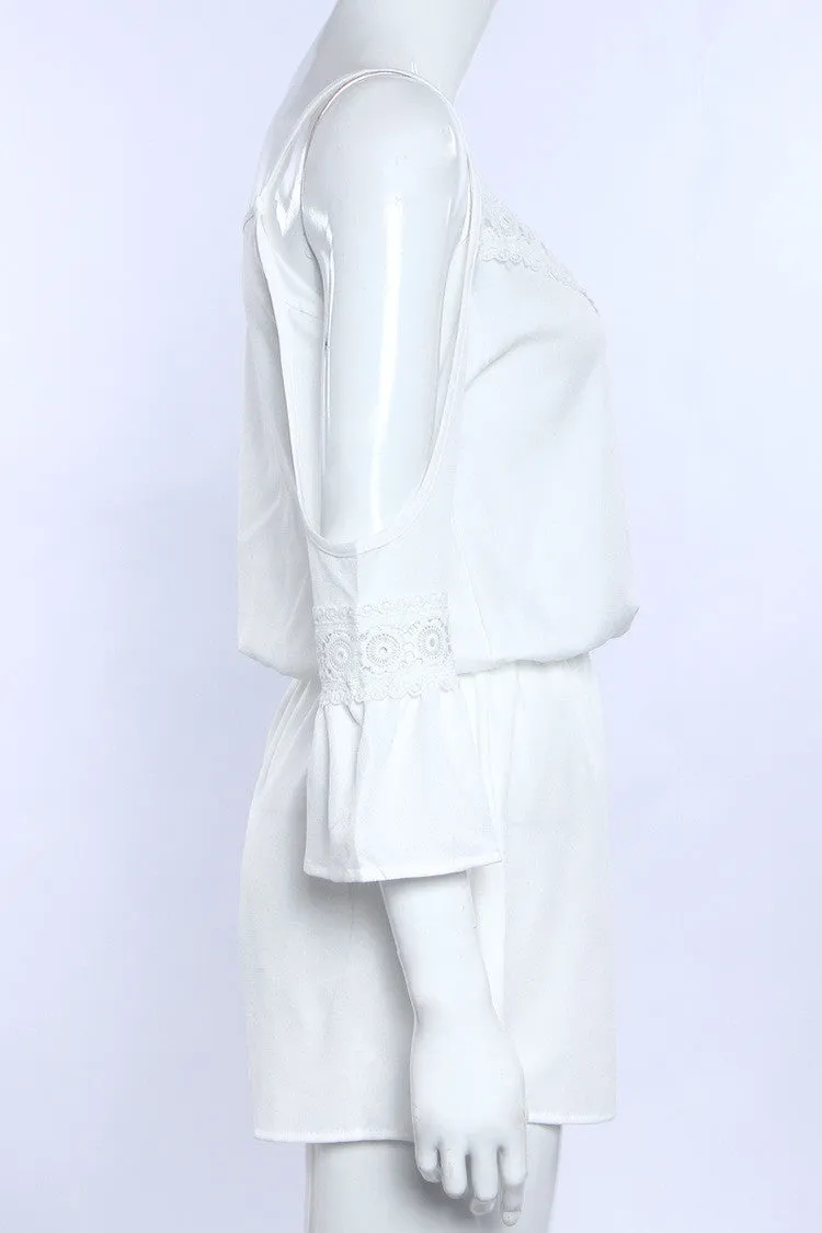 Dew Shoulder V Neck Chiffon Lace Long Sleeve Romper