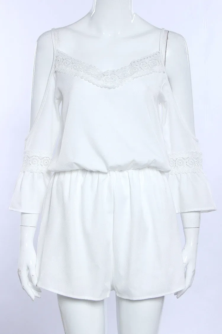 Dew Shoulder V Neck Chiffon Lace Long Sleeve Romper