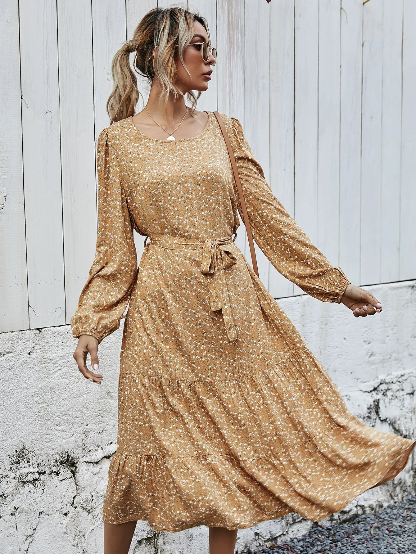 Ditsy Floral Belted Long Sleeve Round Neck Flounce High Waist Long Dress