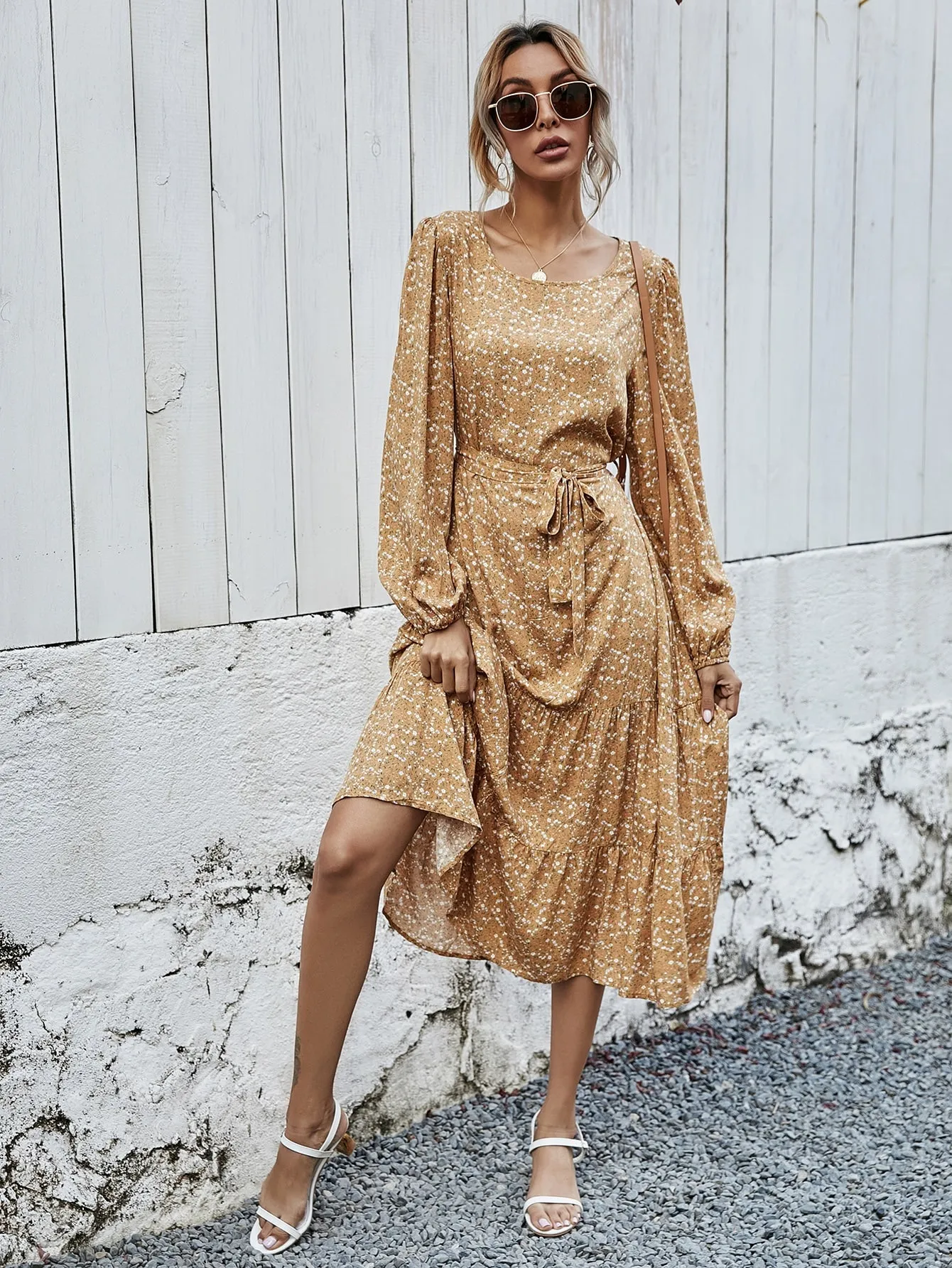 Ditsy Floral Belted Long Sleeve Round Neck Flounce High Waist Long Dress