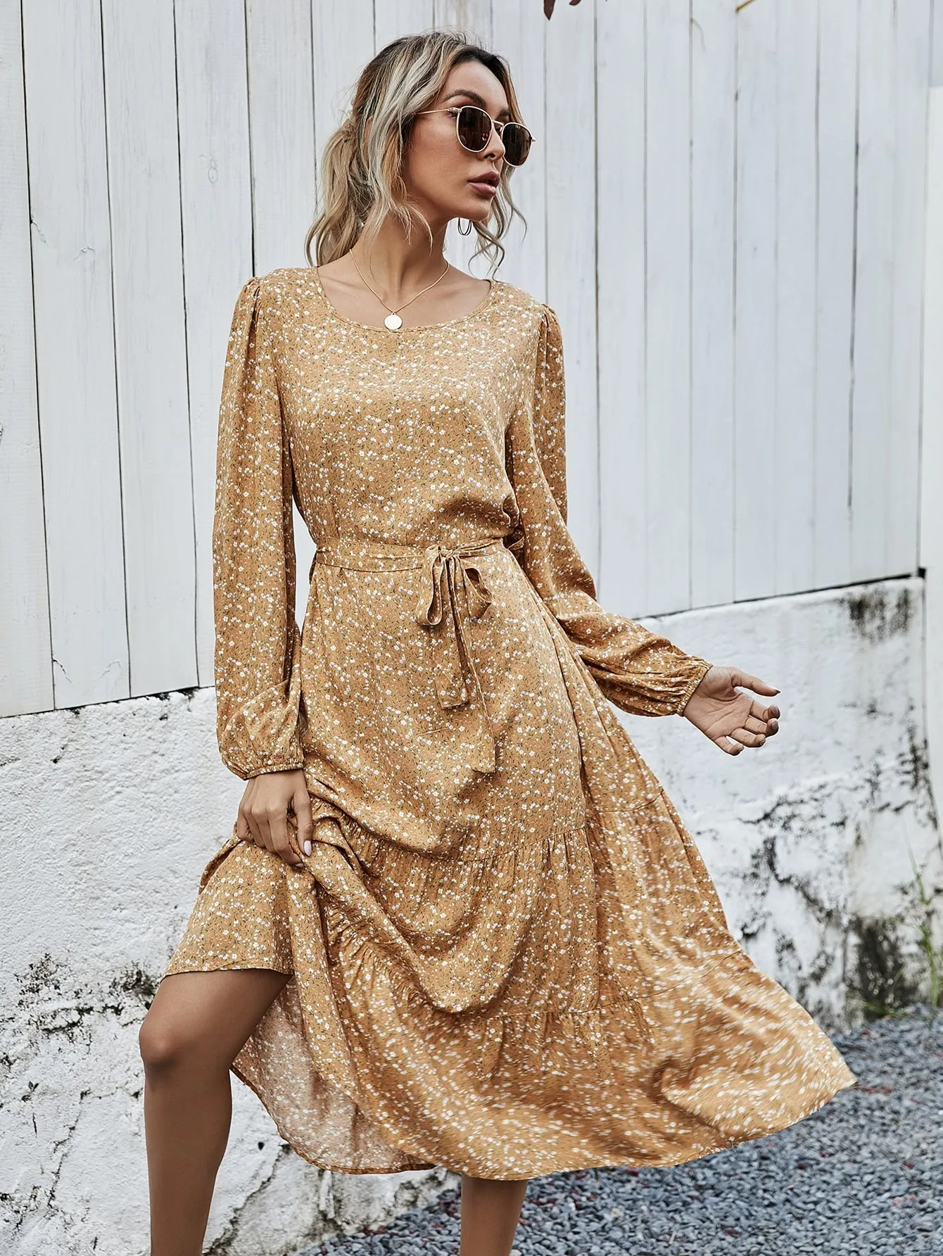 Ditsy Floral Belted Long Sleeve Round Neck Flounce High Waist Long Dress