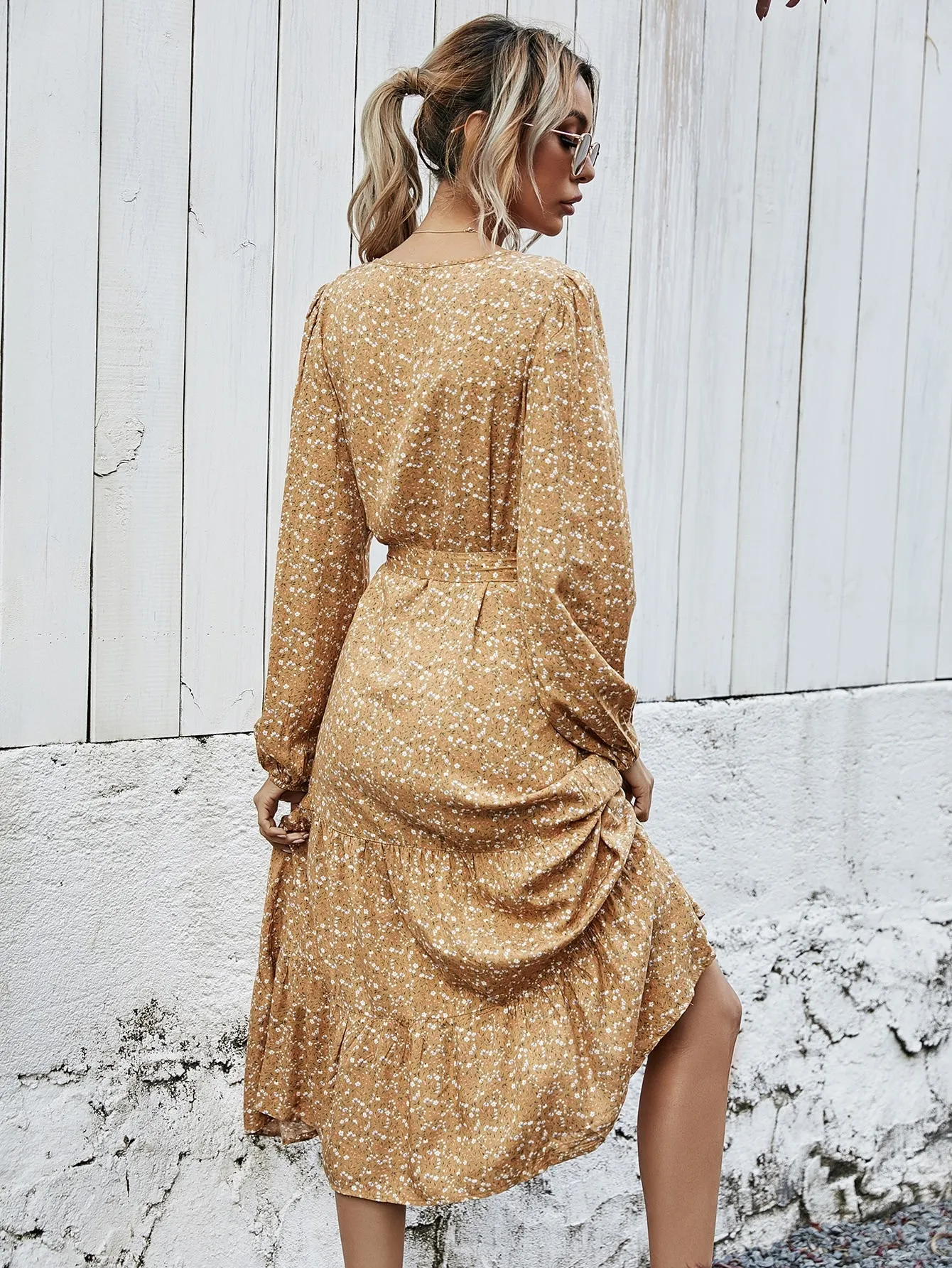 Ditsy Floral Belted Long Sleeve Round Neck Flounce High Waist Long Dress