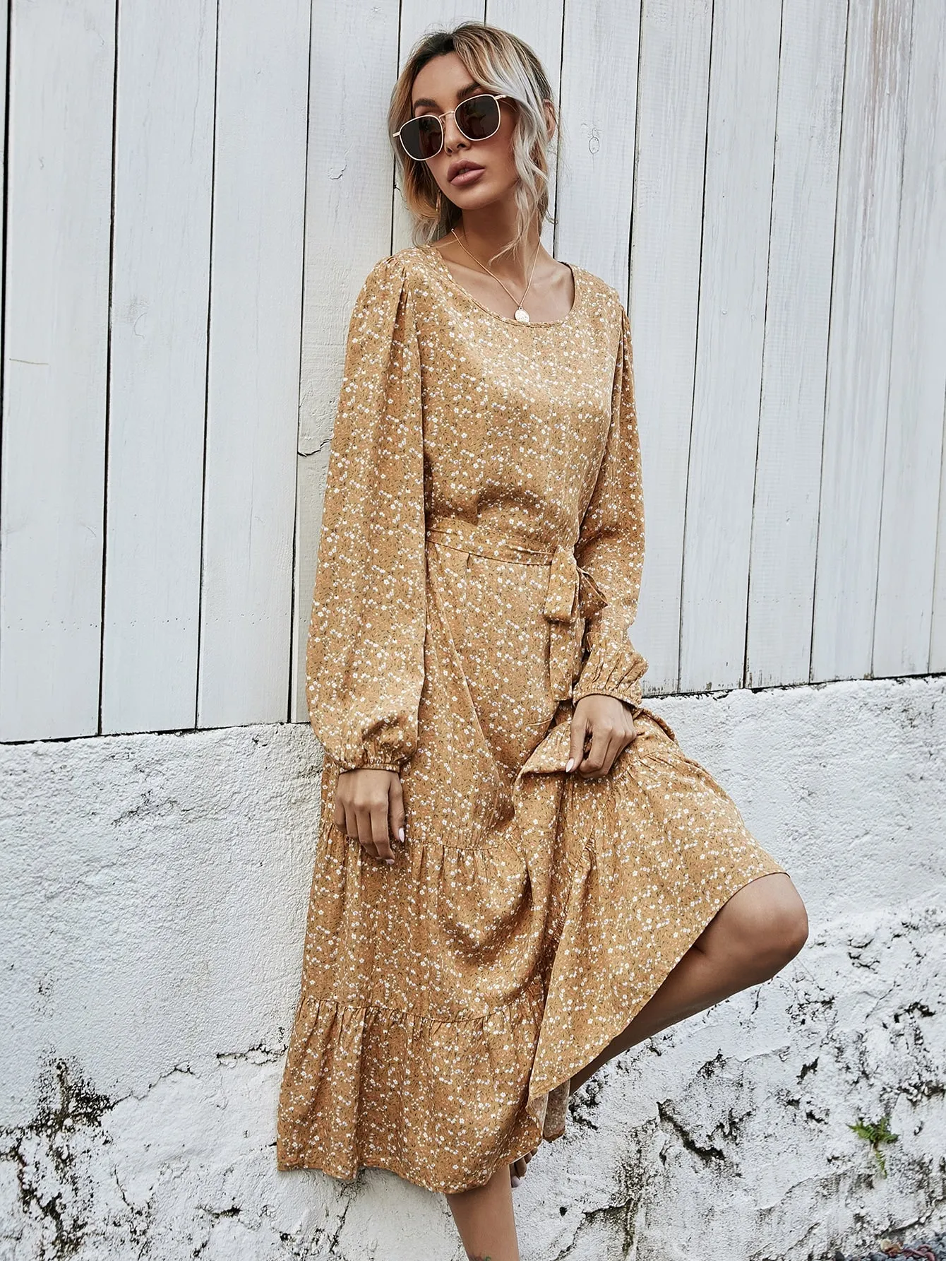 Ditsy Floral Belted Long Sleeve Round Neck Flounce High Waist Long Dress