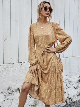 Ditsy Floral Belted Long Sleeve Round Neck Flounce High Waist Long Dress