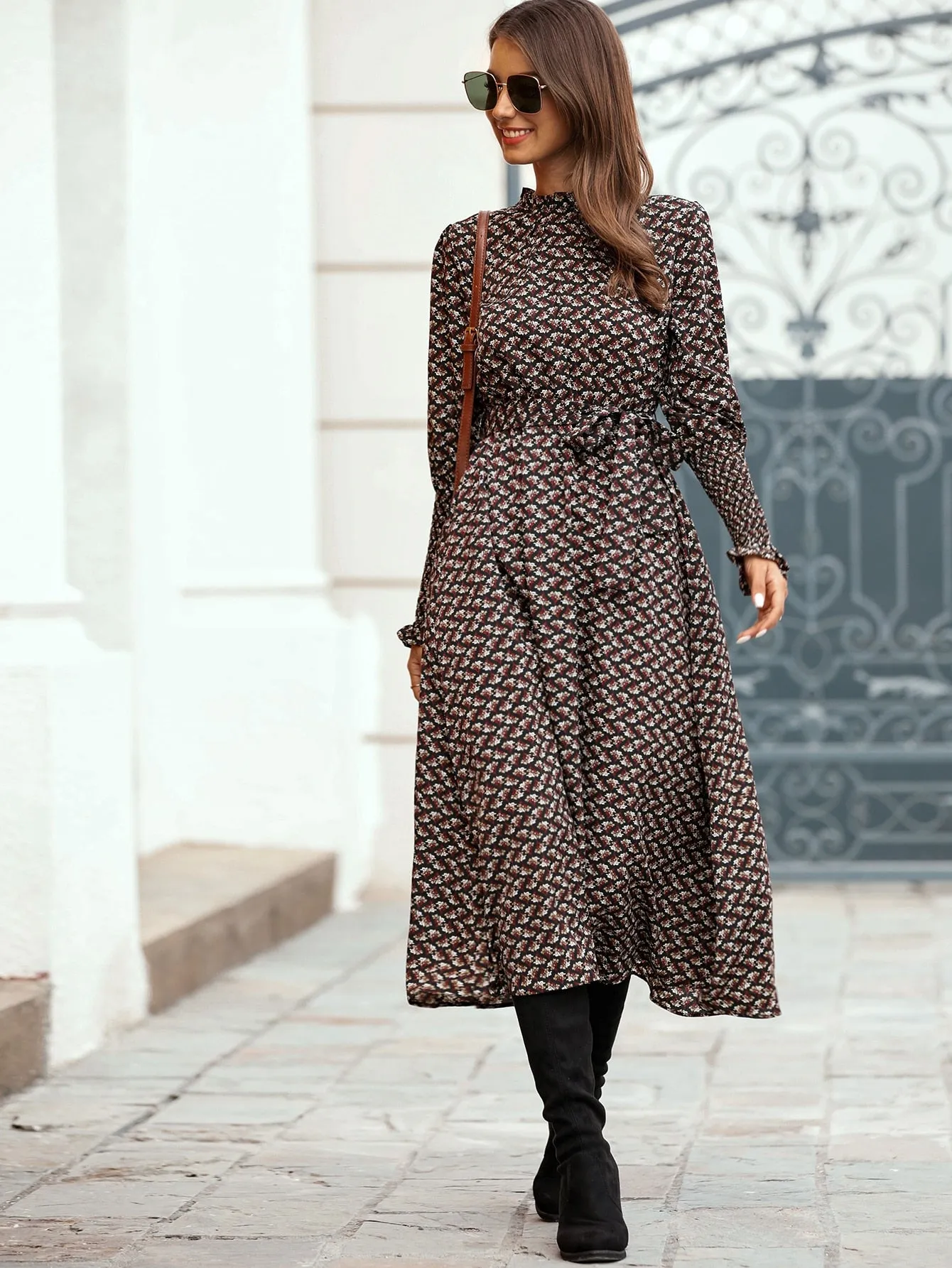 Ditsy Floral Belted Long Sleeve Stand Collar Long Dress