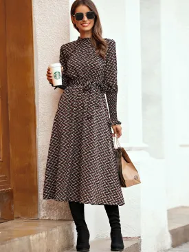 Ditsy Floral Belted Long Sleeve Stand Collar Long Dress