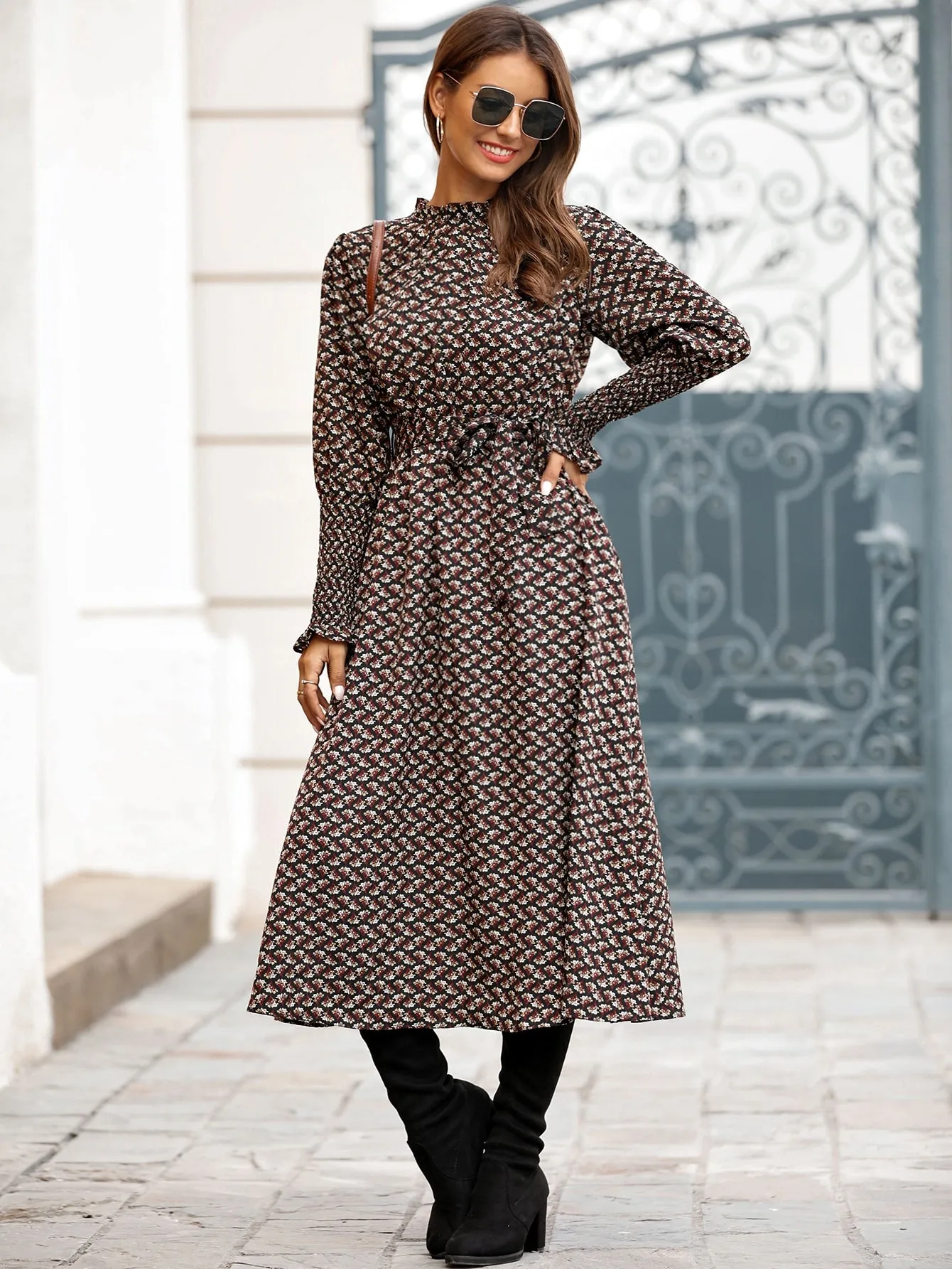 Ditsy Floral Belted Long Sleeve Stand Collar Long Dress