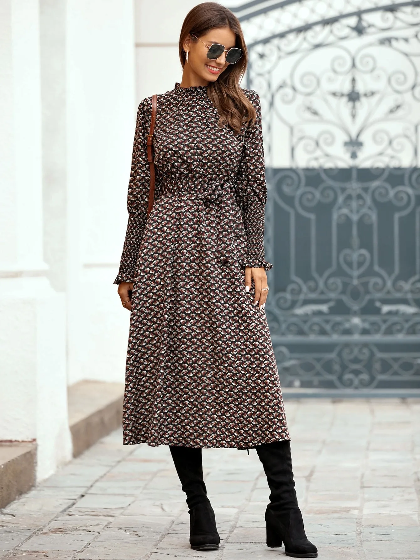 Ditsy Floral Belted Long Sleeve Stand Collar Long Dress