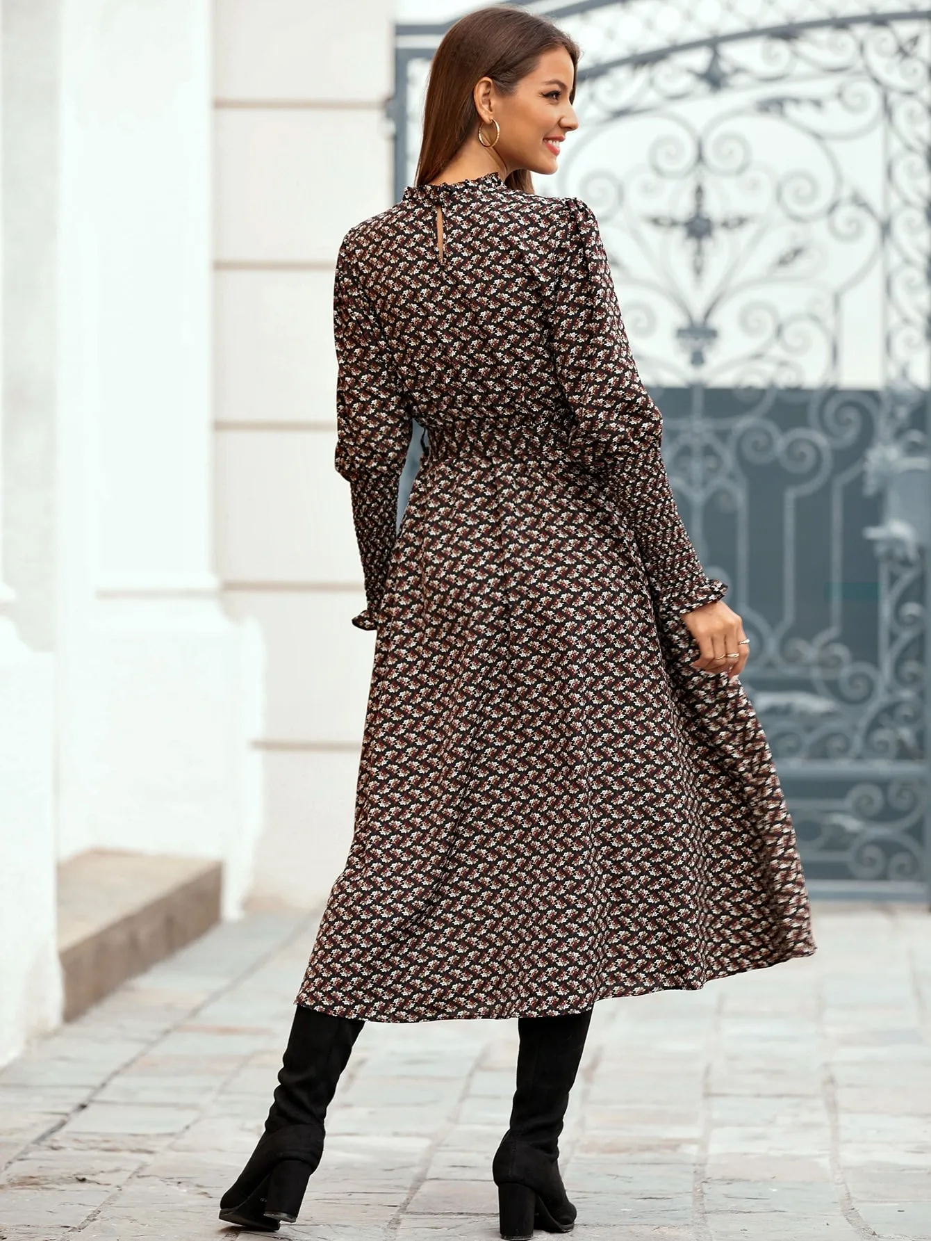 Ditsy Floral Belted Long Sleeve Stand Collar Long Dress