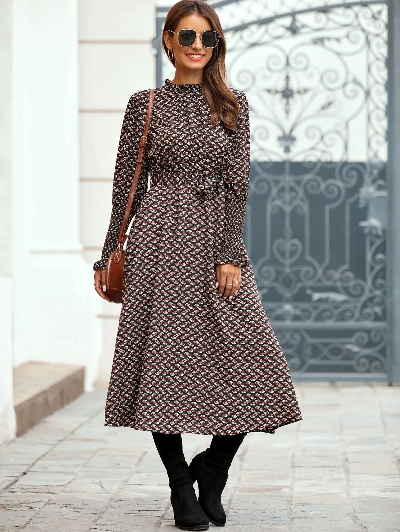 Ditsy Floral Belted Long Sleeve Stand Collar Long Dress