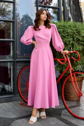 Dusty-Pink Backless Puff Sleeve Midi Dress