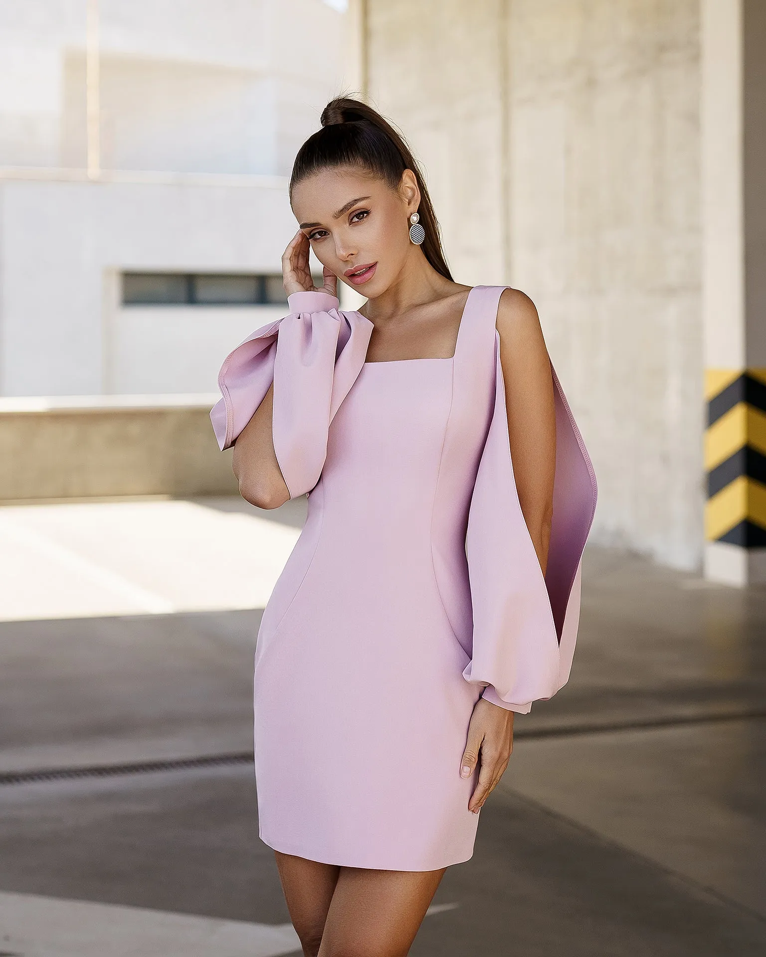 Dusty Pink Square Neck Сut-Out Sleeve Mini Dress
