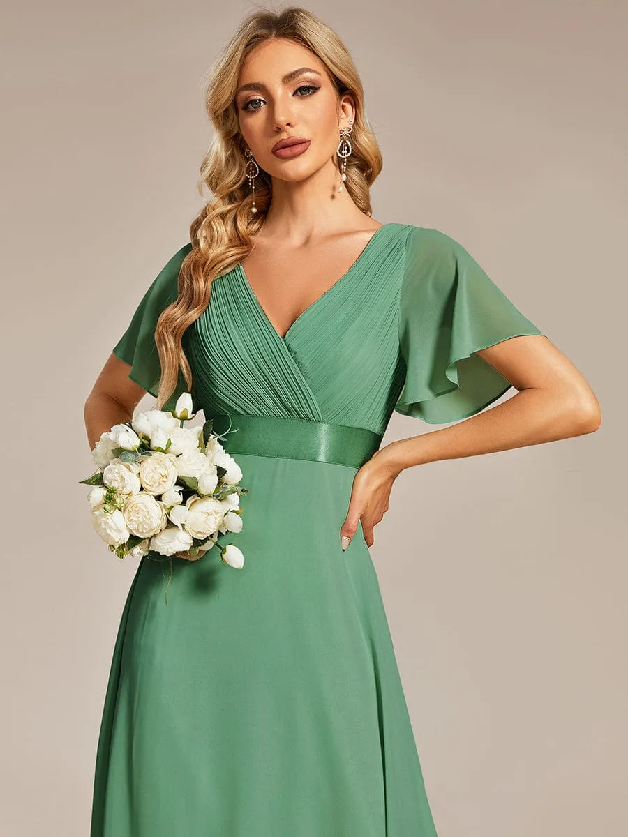 Empire Waist Floor Length Bridesmaid Dress with Short Flutter Sleeves