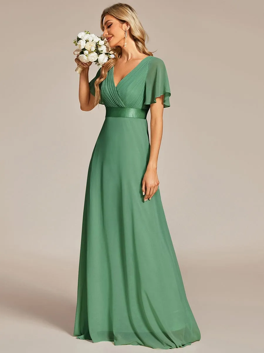 Empire Waist Floor Length Bridesmaid Dress with Short Flutter Sleeves
