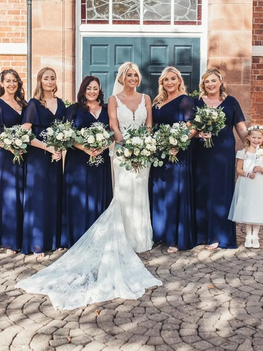 Empire Waist Floor Length Bridesmaid Dress with Short Flutter Sleeves