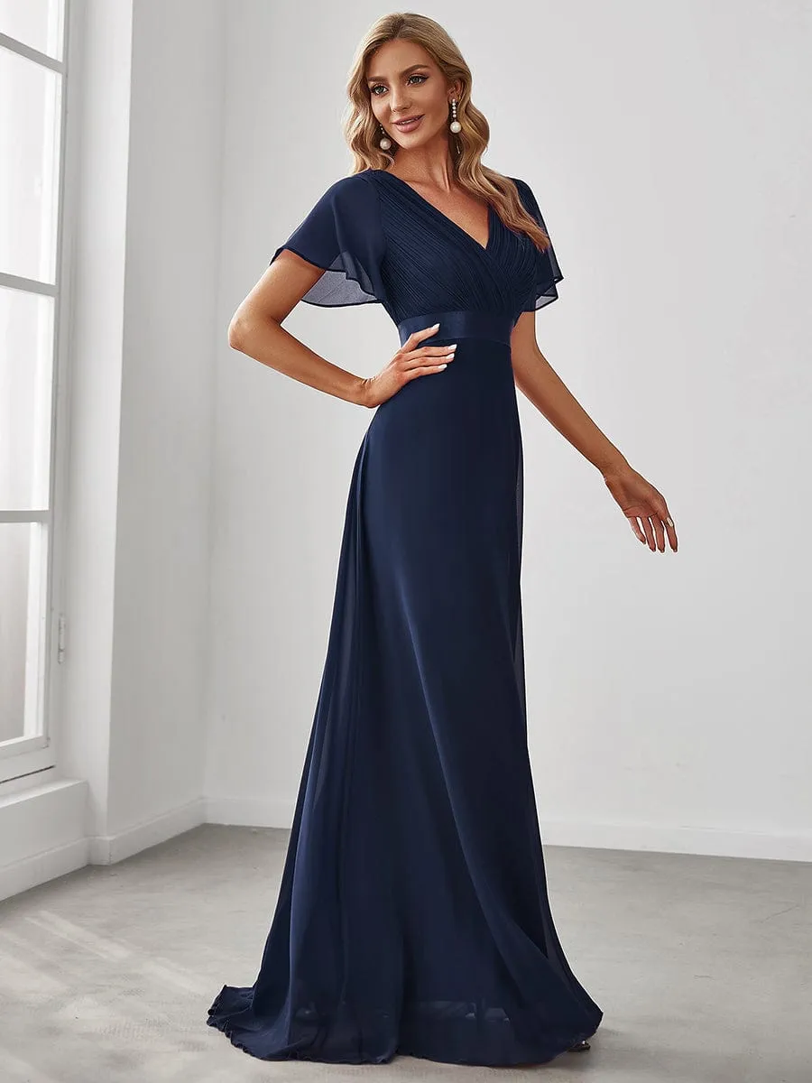 Empire Waist Floor Length Bridesmaid Dress with Short Flutter Sleeves