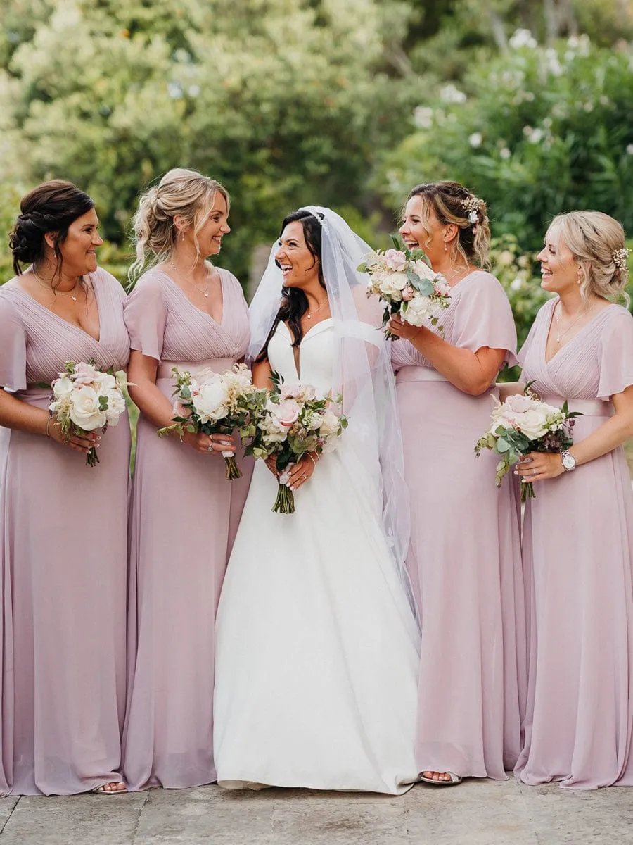 Empire Waist Floor Length Bridesmaid Dress with Short Flutter Sleeves
