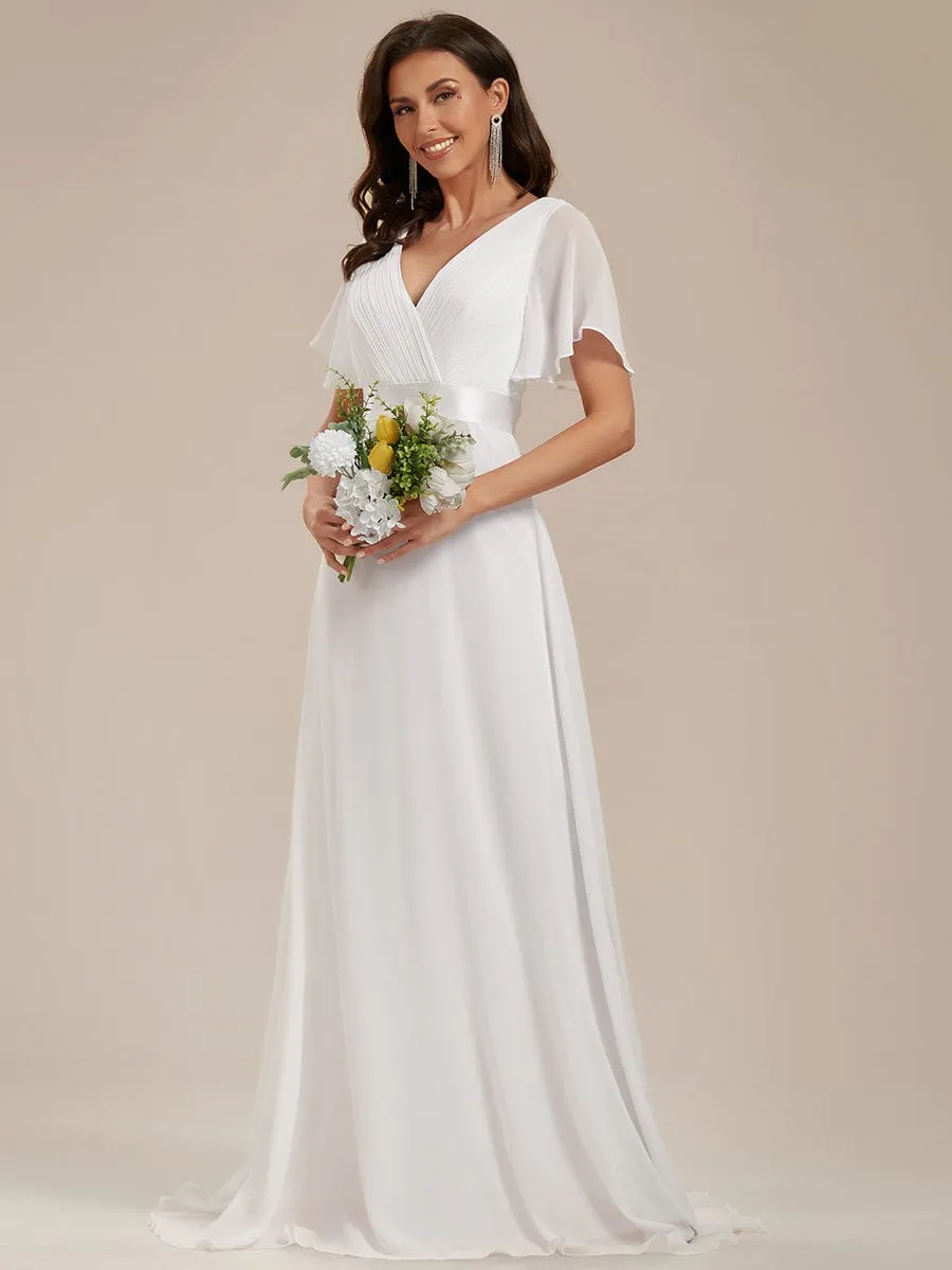 Empire Waist Floor Length Bridesmaid Dress with Short Flutter Sleeves