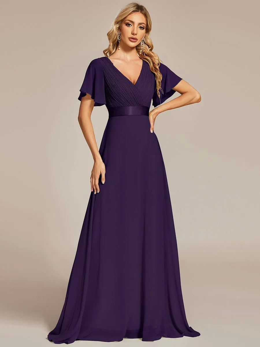 Empire Waist Floor Length Bridesmaid Dress with Short Flutter Sleeves