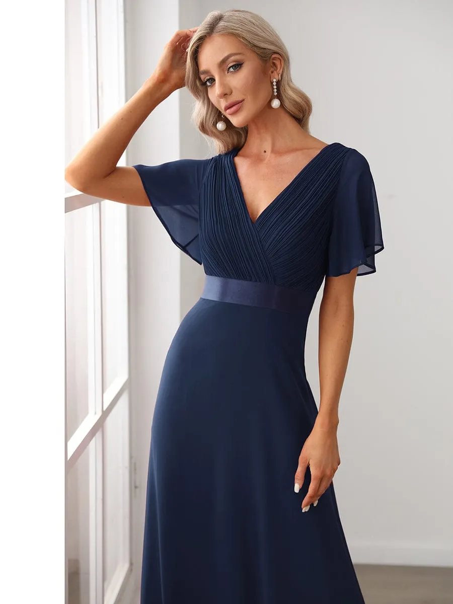 Empire Waist Floor Length Bridesmaid Dress with Short Flutter Sleeves