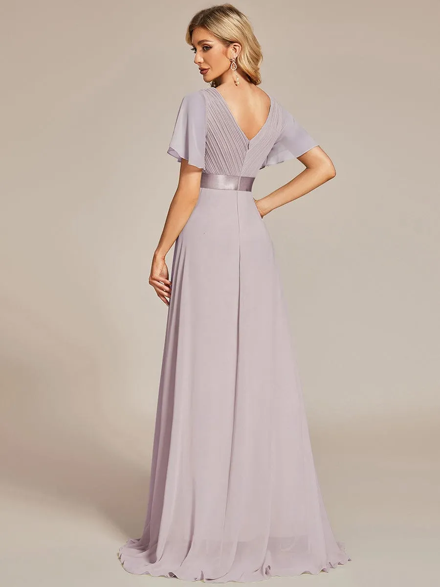 Empire Waist Floor Length Bridesmaid Dress with Short Flutter Sleeves