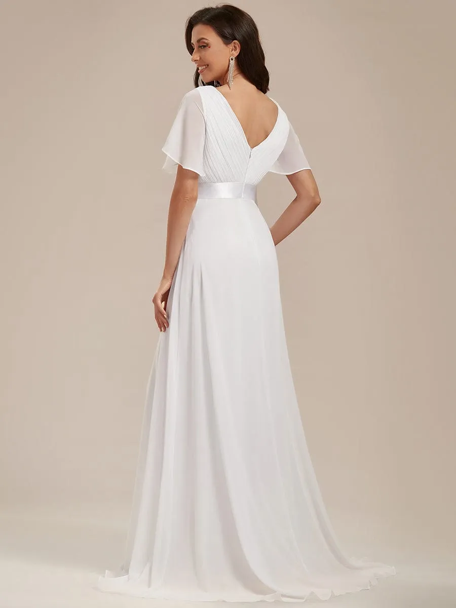 Empire Waist Floor Length Bridesmaid Dress with Short Flutter Sleeves