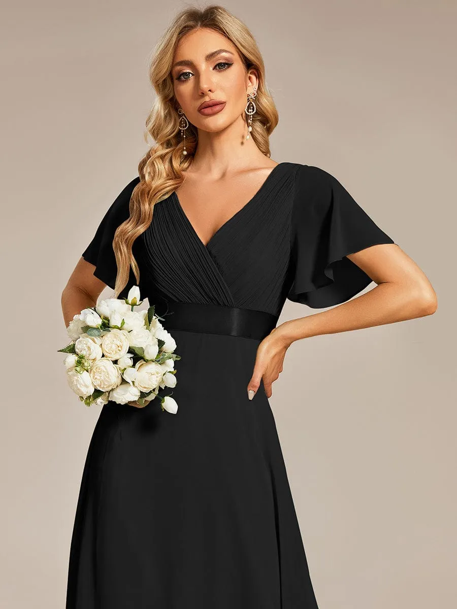 Empire Waist Floor Length Bridesmaid Dress with Short Flutter Sleeves