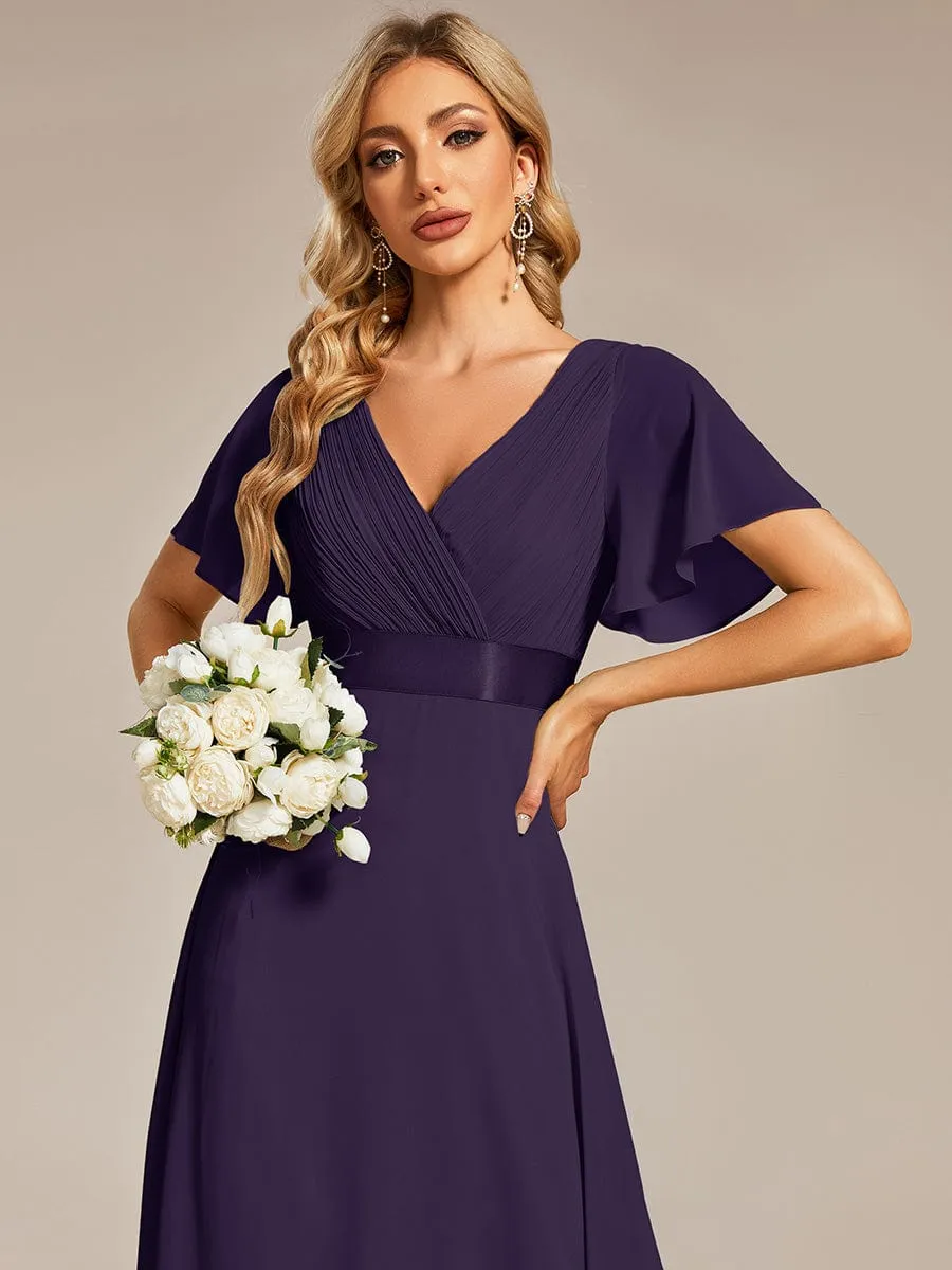 Empire Waist Floor Length Bridesmaid Dress with Short Flutter Sleeves