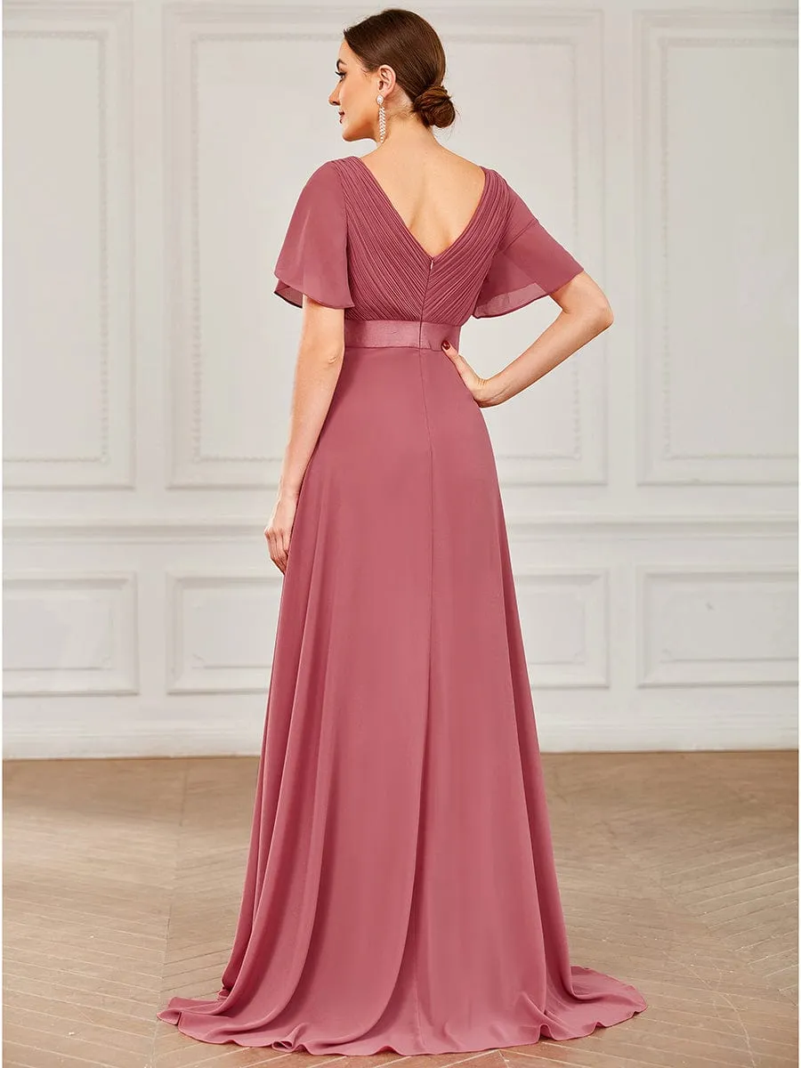 Empire Waist Floor Length Bridesmaid Dress with Short Flutter Sleeves