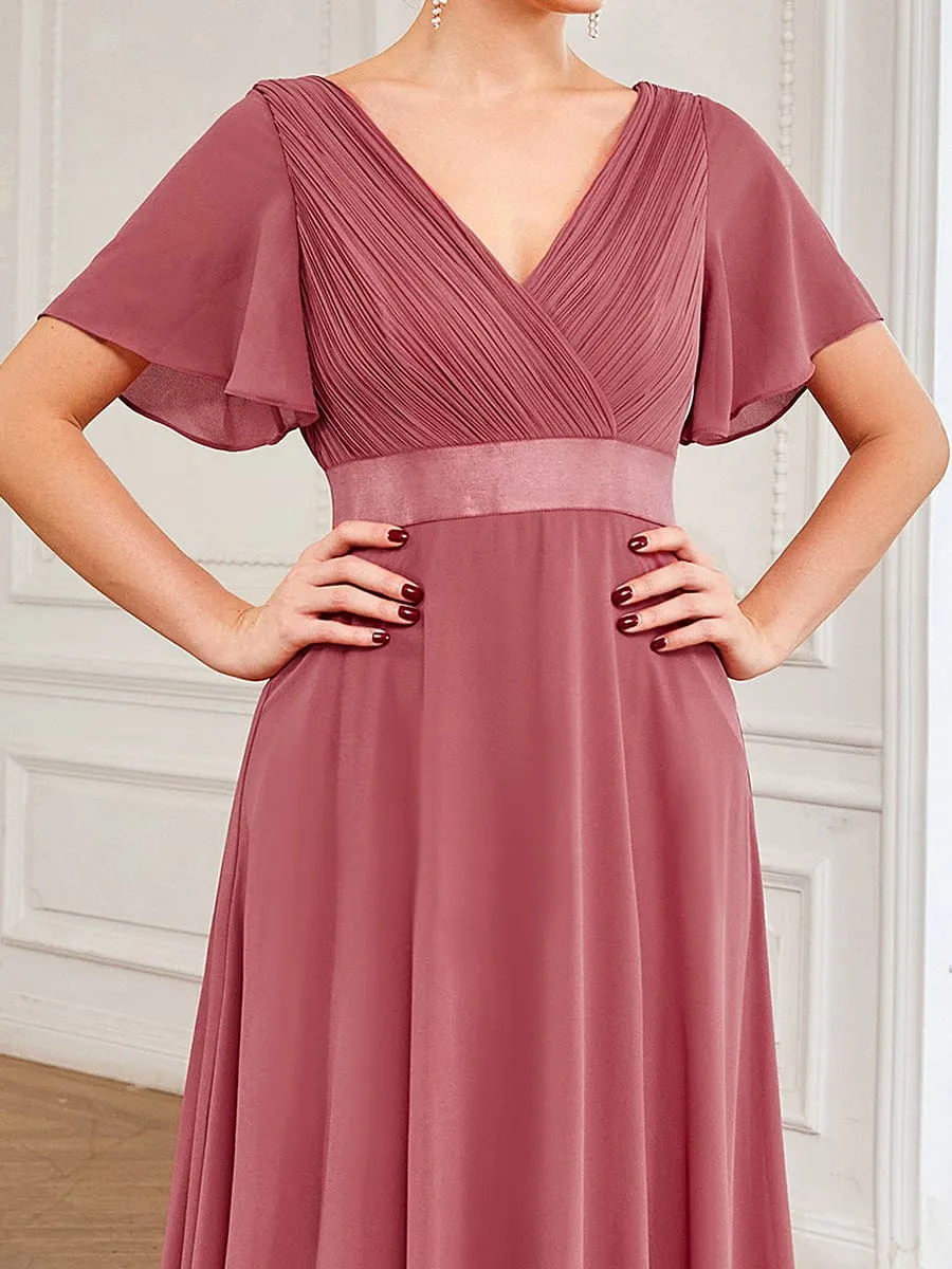 Empire Waist Floor Length Bridesmaid Dress with Short Flutter Sleeves