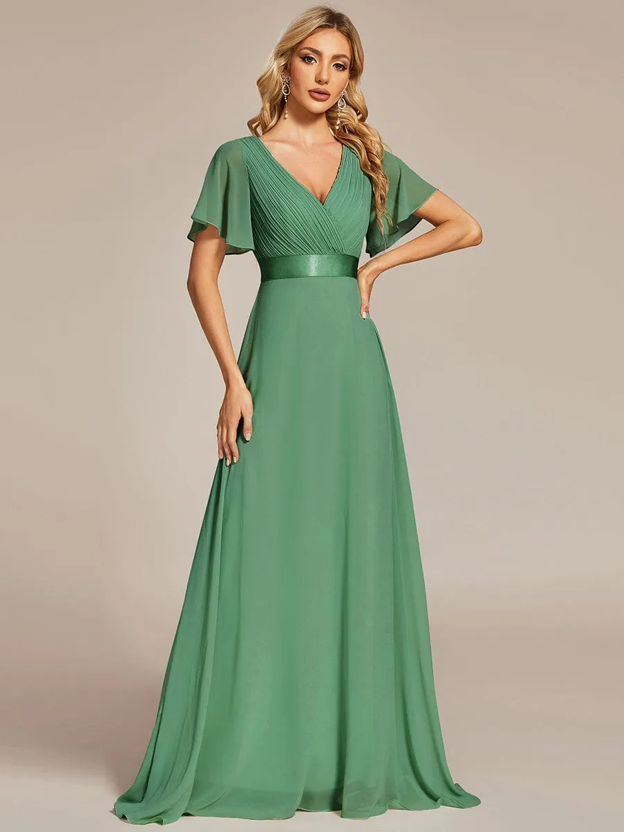 Empire Waist Floor Length Bridesmaid Dress with Short Flutter Sleeves