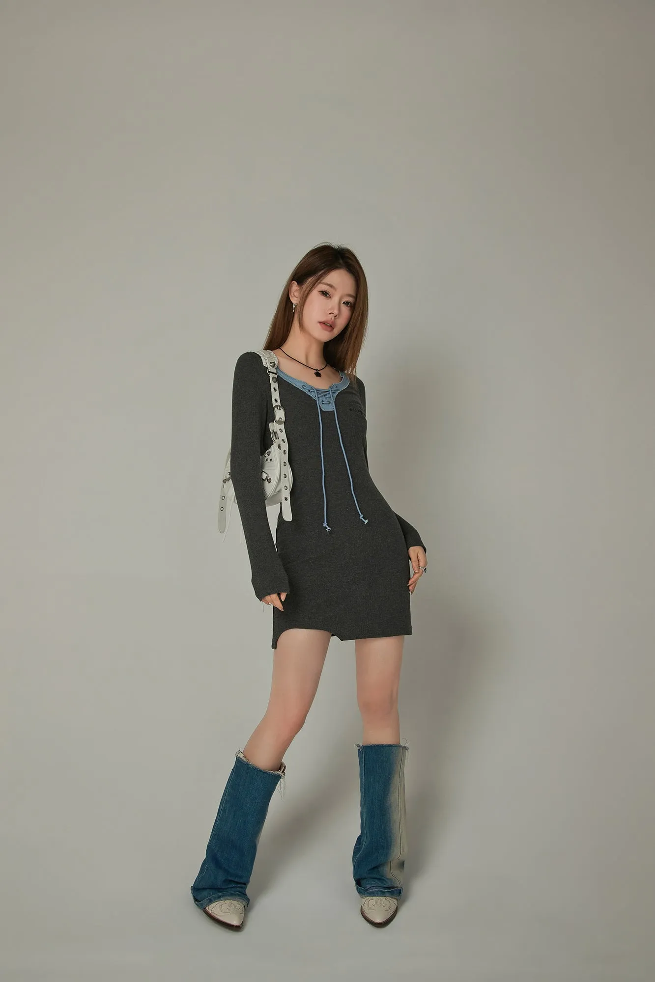 Eyelet Long Sleeve Mini Dress
