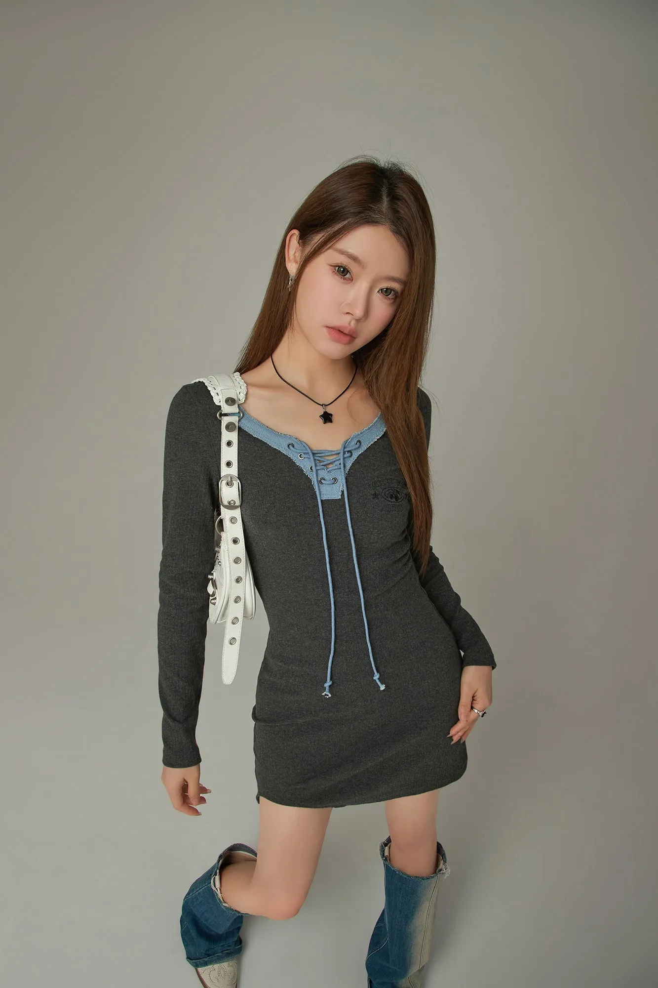 Eyelet Long Sleeve Mini Dress
