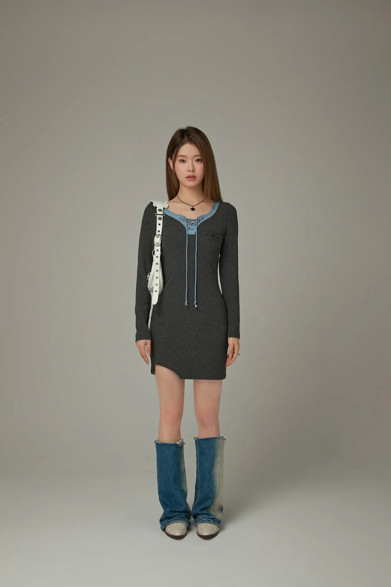 Eyelet Long Sleeve Mini Dress