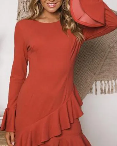 Fashion Slim Solid Color Flare Long Sleeve  Dress
