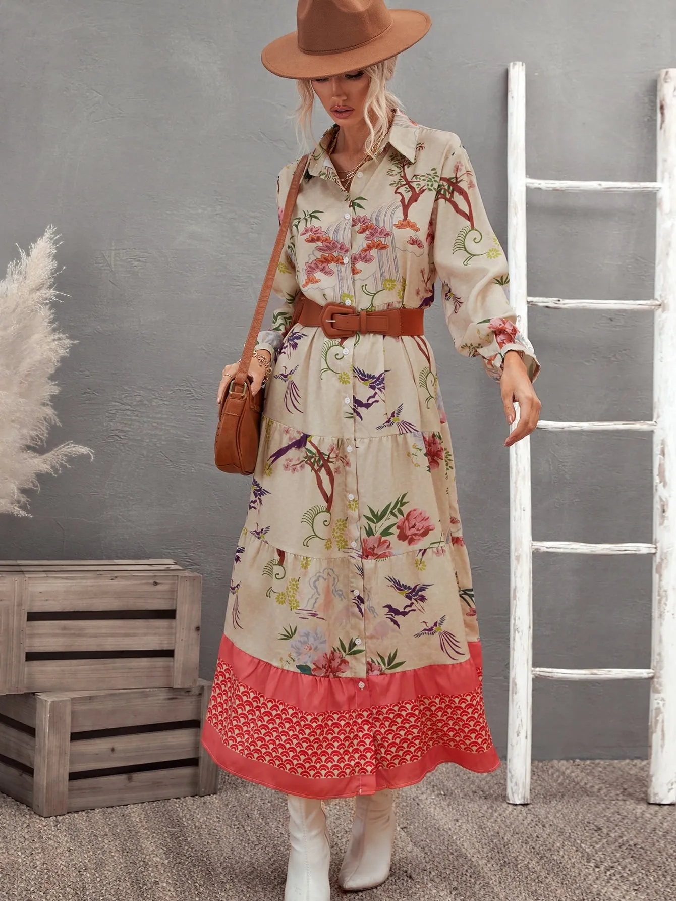 Floral Button Long Sleeve Collar Flared High Waist Long Dress