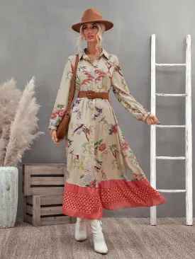 Floral Button Long Sleeve Collar Flared High Waist Long Dress