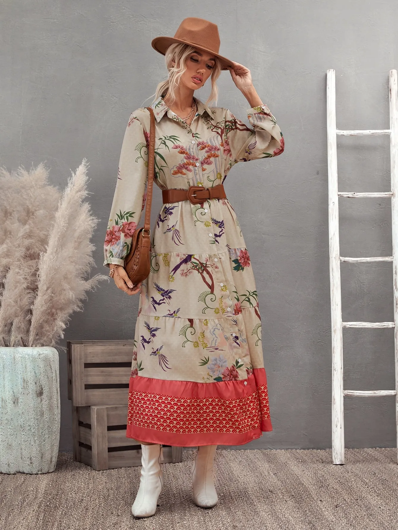 Floral Button Long Sleeve Collar Flared High Waist Long Dress