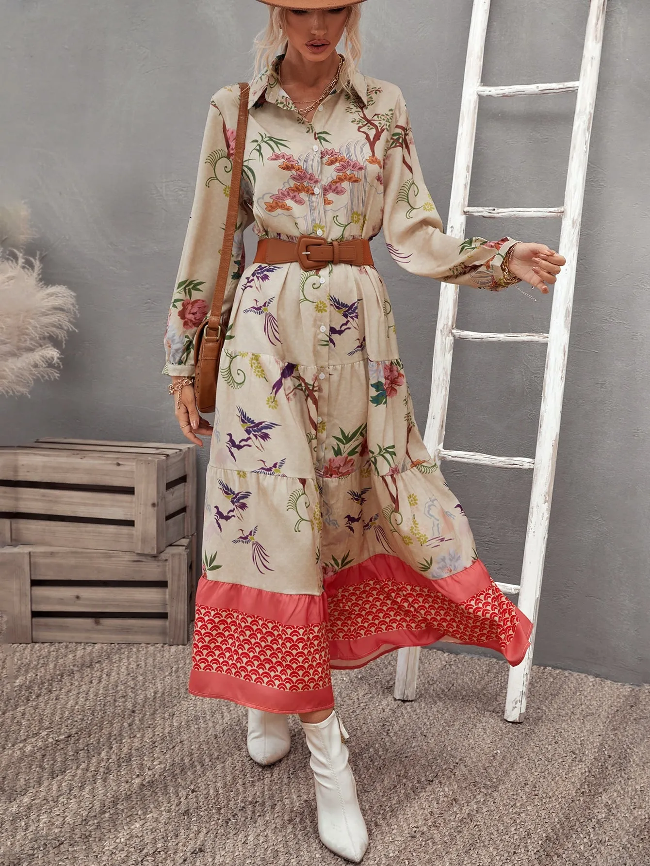 Floral Button Long Sleeve Collar Flared High Waist Long Dress