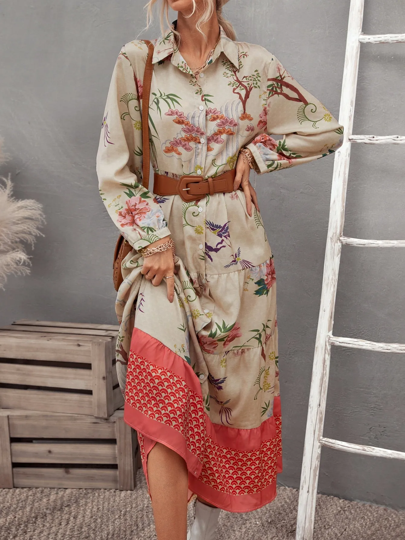Floral Button Long Sleeve Collar Flared High Waist Long Dress