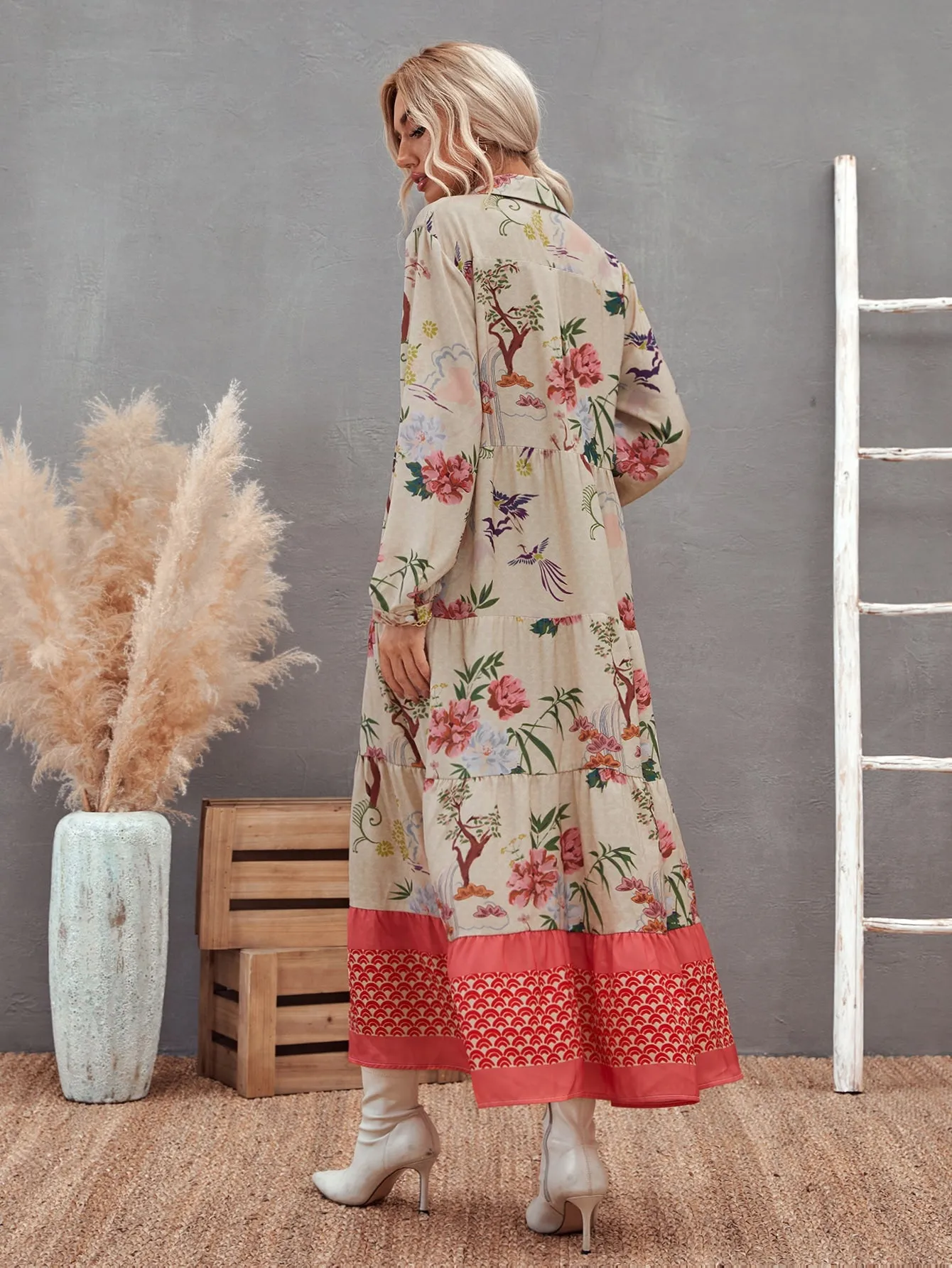 Floral Button Long Sleeve Collar Flared High Waist Long Dress