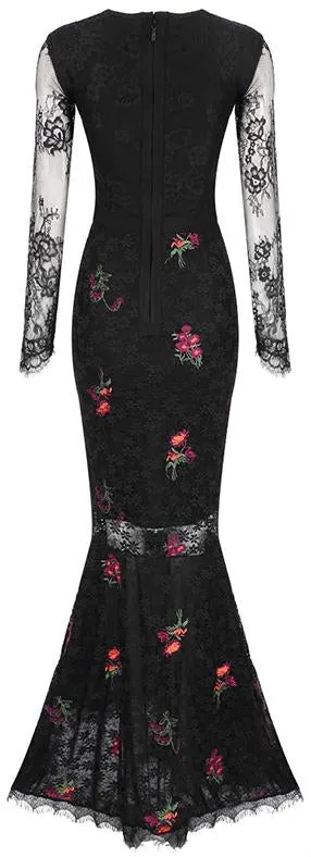 Floral-Embroidered Black Lace Gown