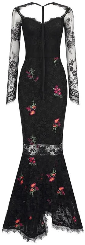 Floral-Embroidered Black Lace Gown