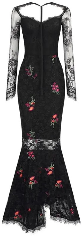 Floral-Embroidered Black Lace Gown