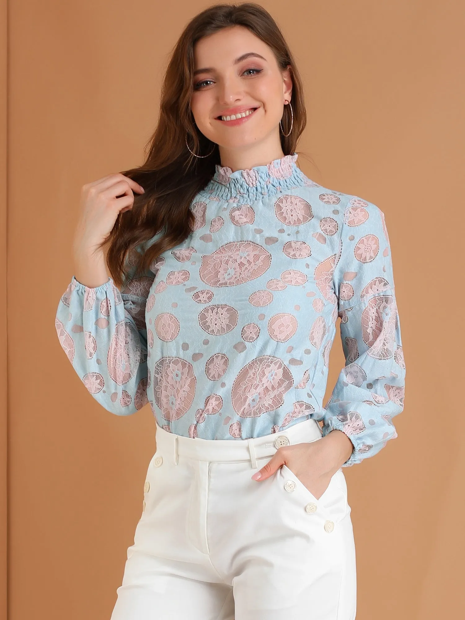 Floral Lace Top Turtleneck Puff Long Sleeve See Through Sheer Blouse