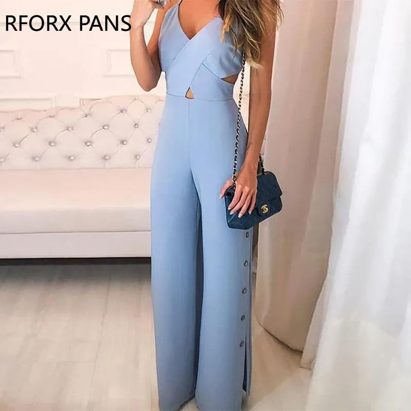 Joskaa Crisscross Spaghetti Strap Button Slit Side Jumpsuit