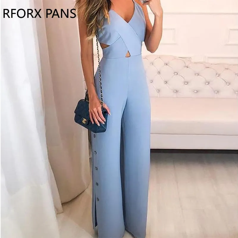 Joskaa Crisscross Spaghetti Strap Button Slit Side Jumpsuit