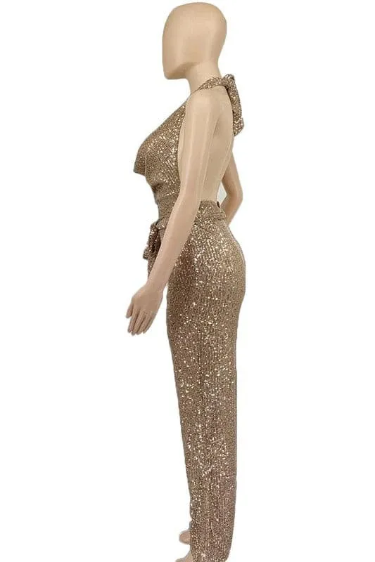 JX172 Sequins Halter Party Jumpsuits